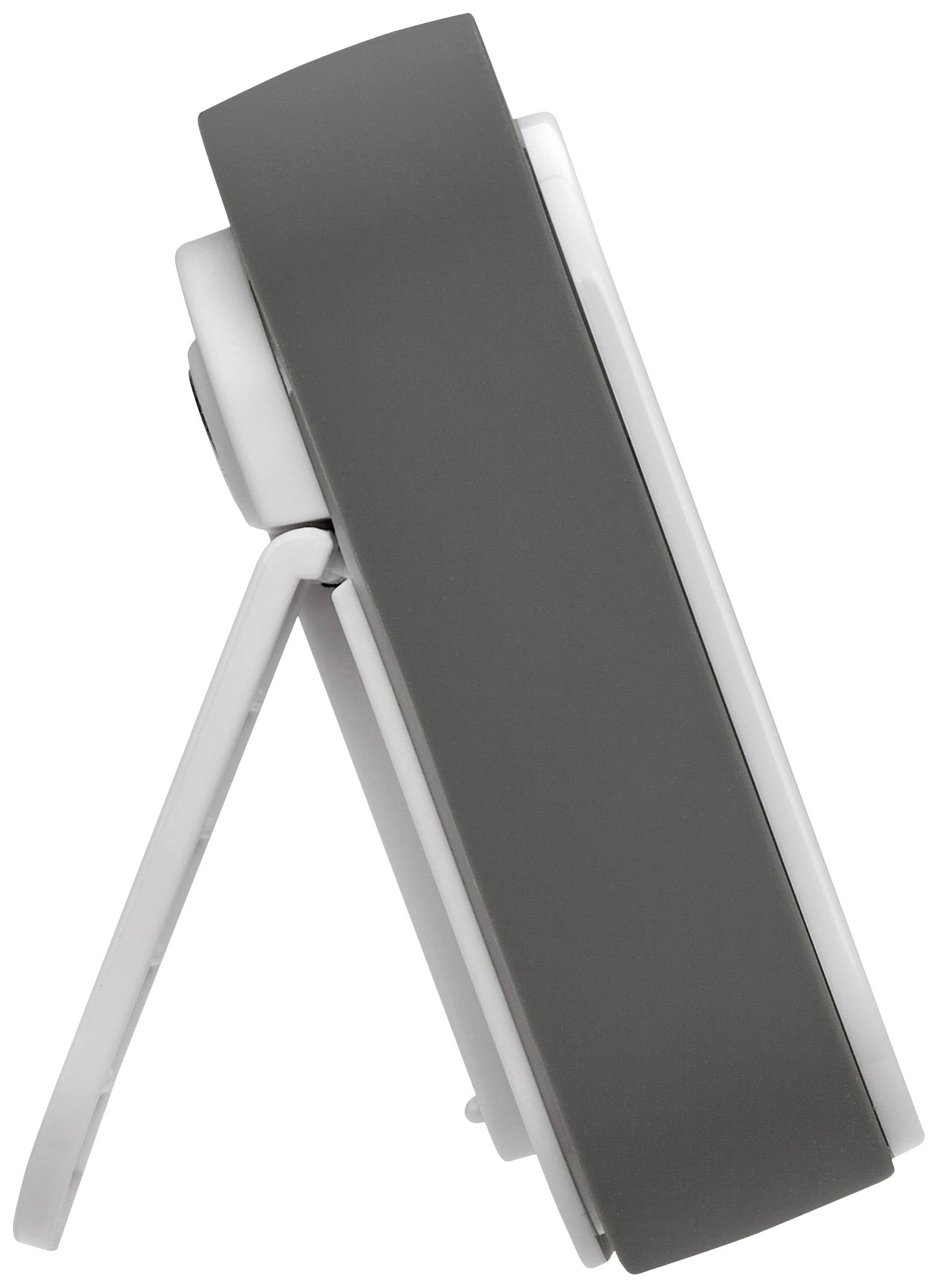 Seitenansicht eines tragbaren Geräts mit einem klappbaren Ständer. Das Gerät hat eine glatte, dunkle Oberfläche und hellen Rahmen.
