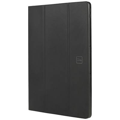 Schwarze, robuste Tablet-Hülle in hochformatiger Ansicht, zeigt eine dezente Textur mit sichtbarer Nahtlinie und Logo in der Mitte.