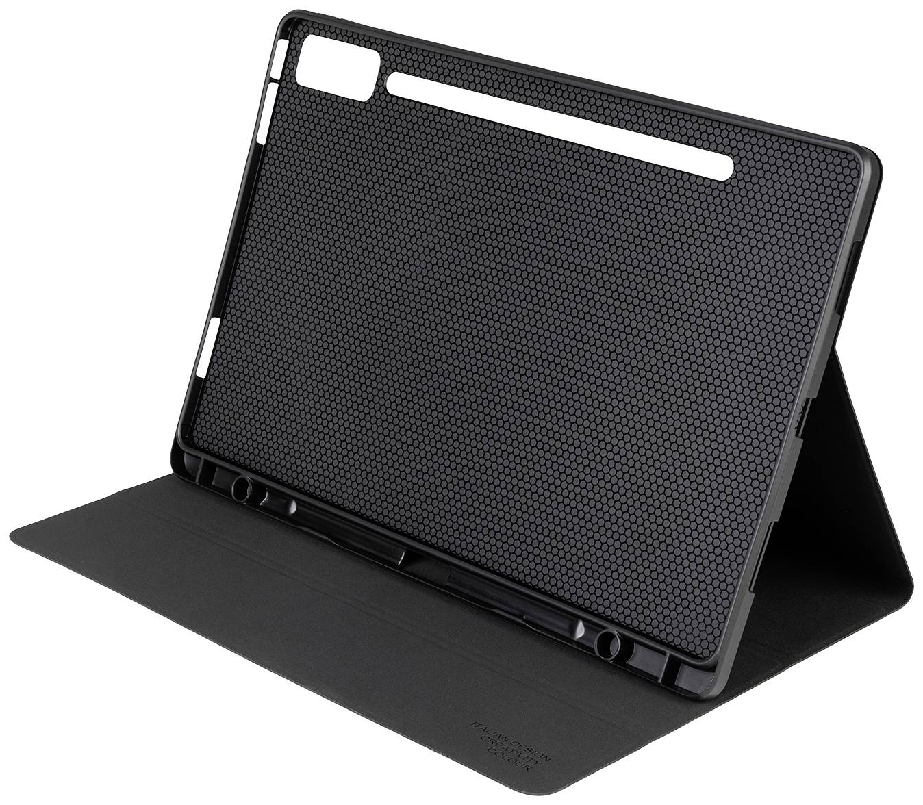 Schwarze Tablet-Hülle, in aufrechter Position, mit wabenförmiger Innenseite und Aussparungen für Bedienelemente.