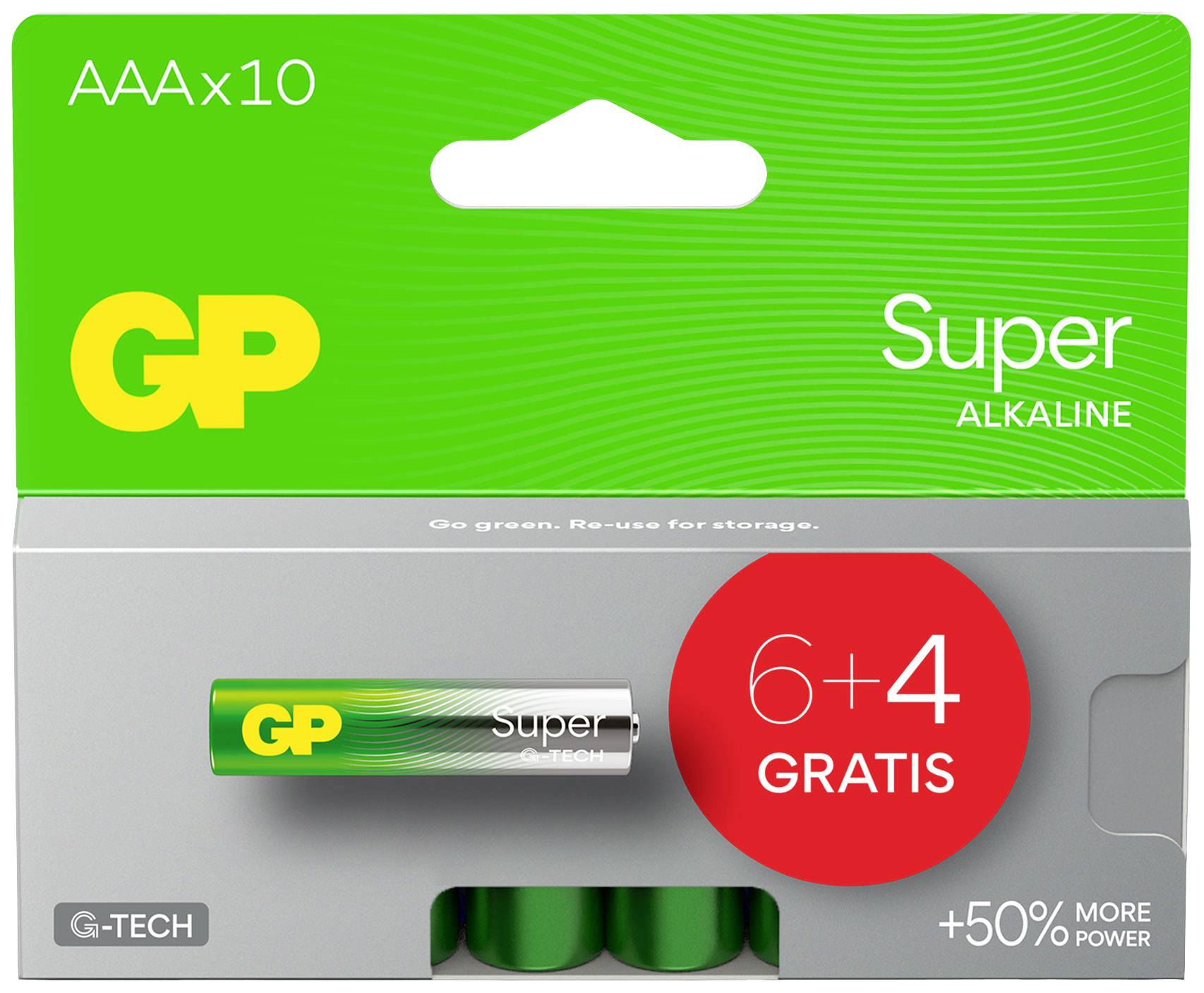 'Alkaline-Batterien AAAx10, Marke GP Super, 6+4 gratis, 50% mehr Leistung, grün-weiße Verpackung, geeignet für hohe Energieanforderungen.'