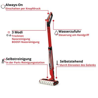 'Elektrischer Bodenreiniger in Rot, Etiketten heben Funktionen hervor: Always-On, 3 Modi, Wasserversorgung, Selbstreinigung, Selbststehend.'
