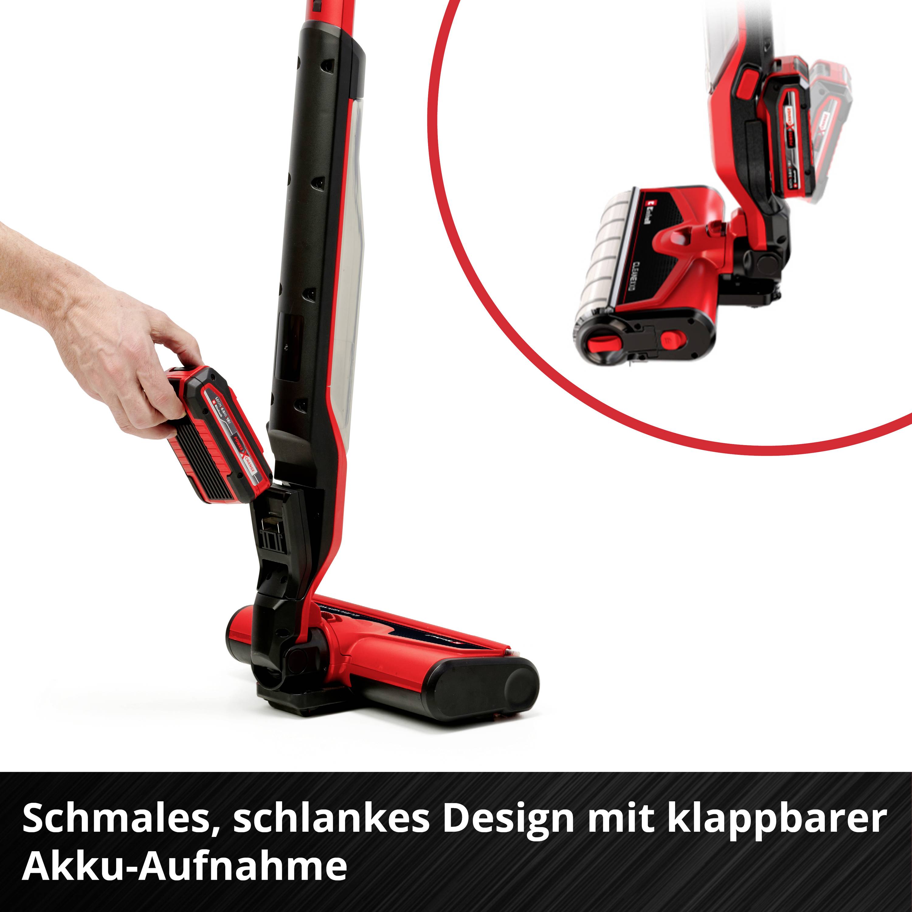 Eine Person entnimmt den Akku eines schlanken, roten Geräts mit klappbarer Aufnahme. Text: 'Schmales, schlankes Design mit klappbarer Akku-Aufnahme'.