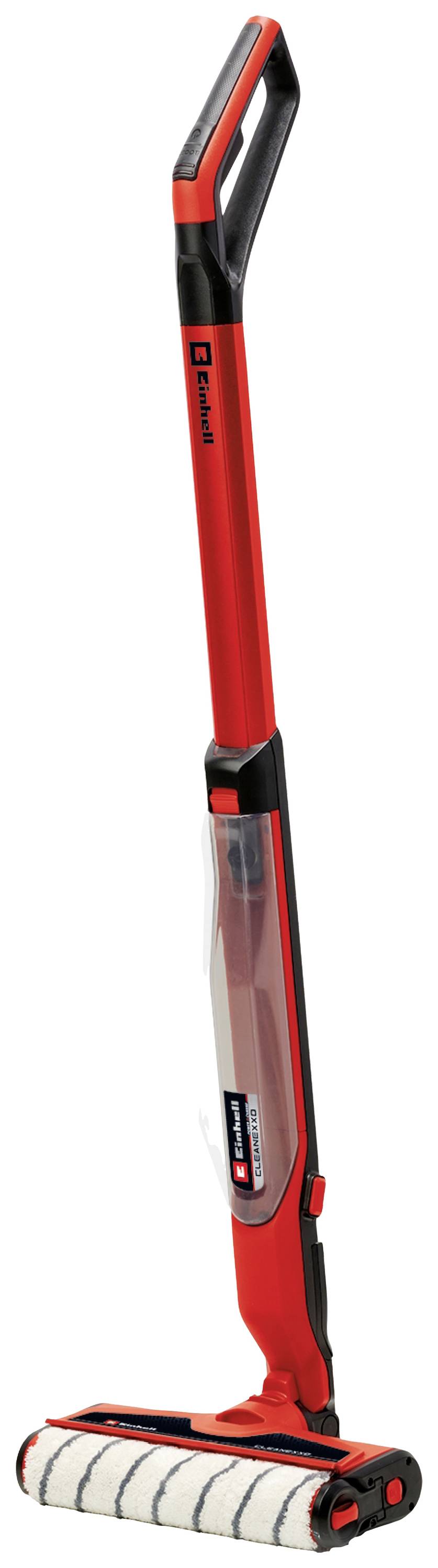 Ein roter Vileda akkubetriebener Bodenreiniger mit langem Griff und mehreren rotierenden Walzen zur effizienten Reinigung.