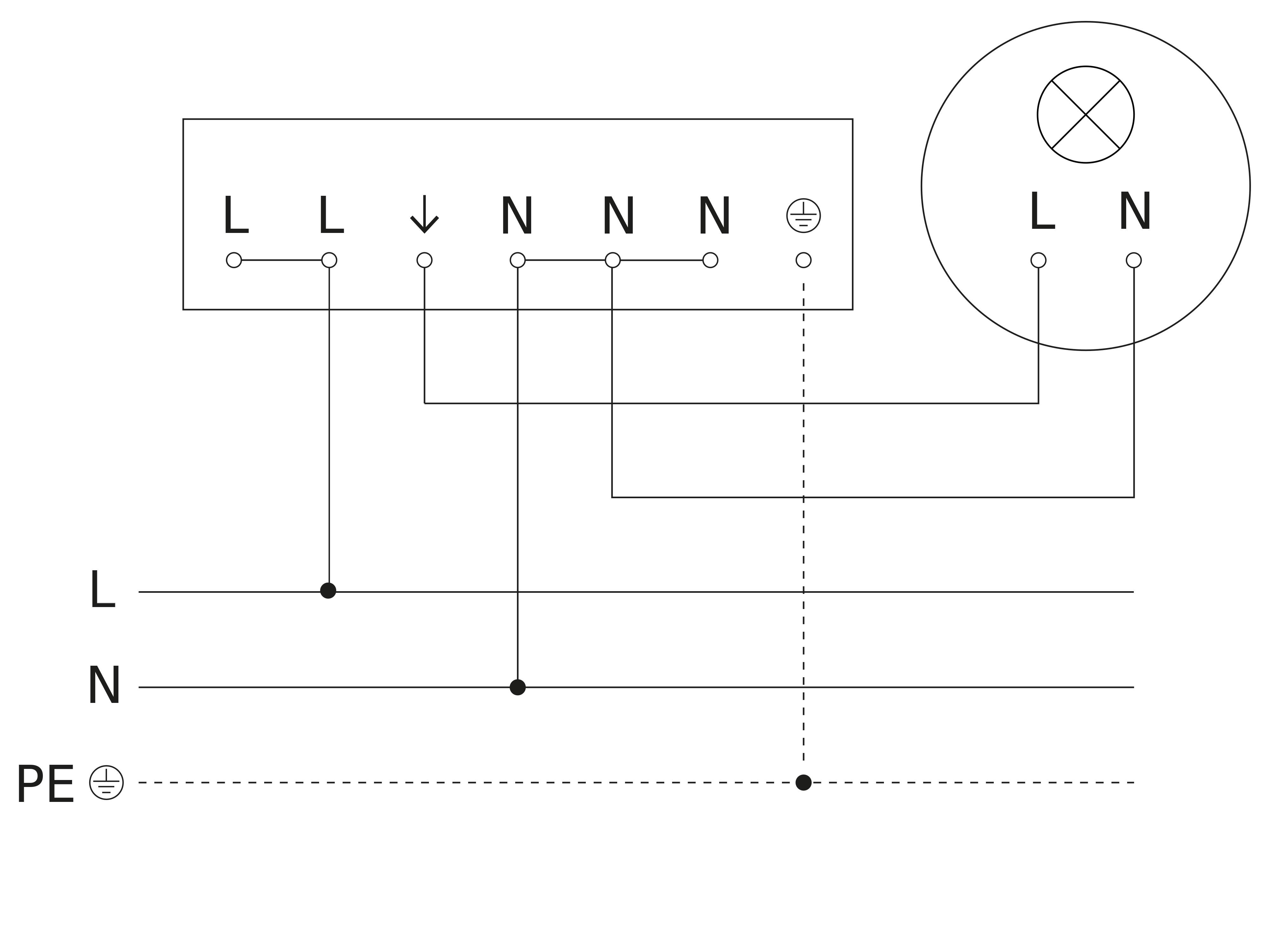 Ein Diagramm zeigt sechs hintereinander liegende Buchstaben: 'L', 'L', '↓', 'N', 'N', 'N'. Linien verbinden Punkte unter den Buchstaben.