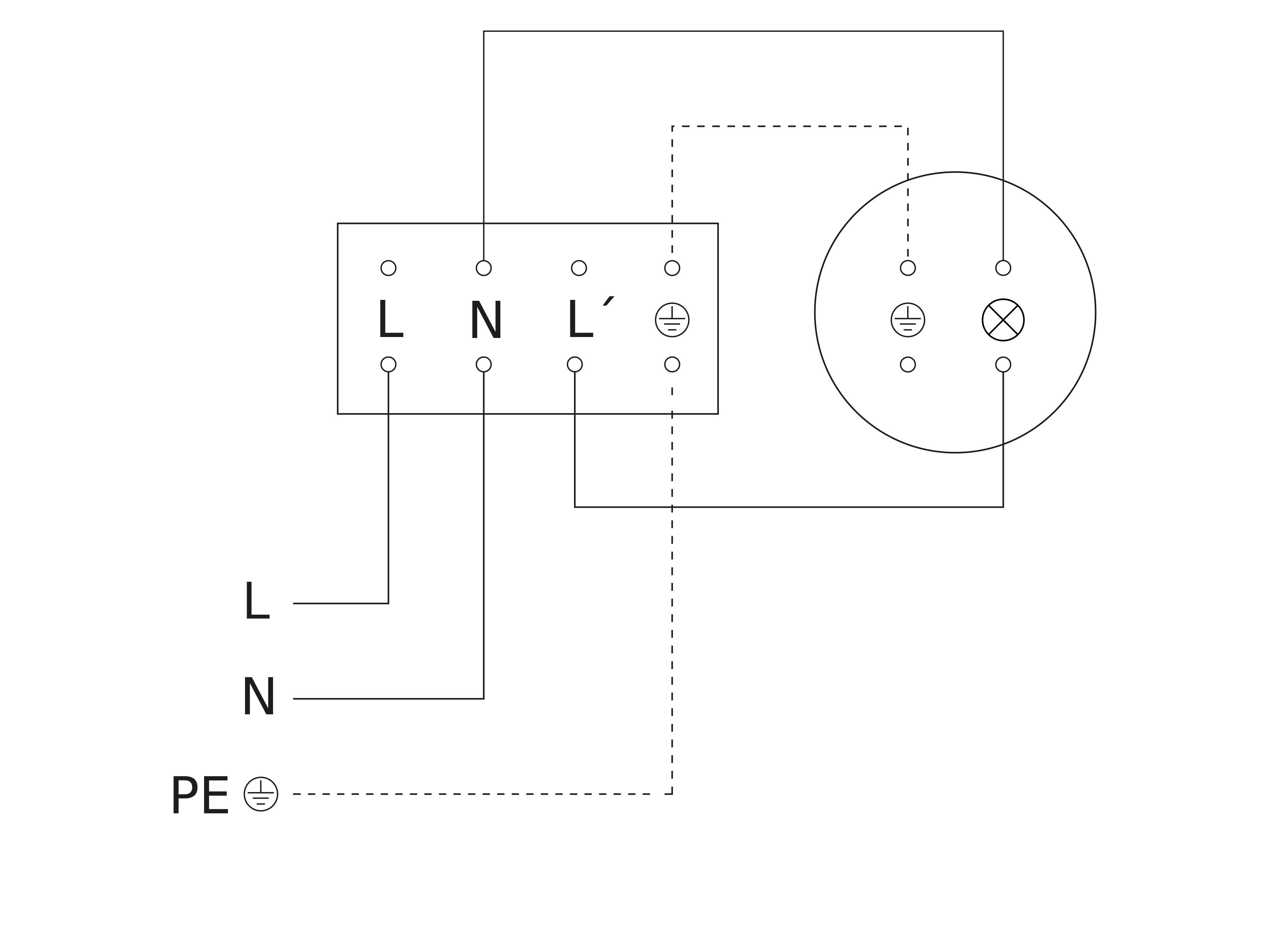 Schaltplan eines Drehstromsteckers mit Phasen (L), Neutralleiter (N) und Schutzleiter (PE) gekennzeichnet. Verbindungen sind dargestellt.