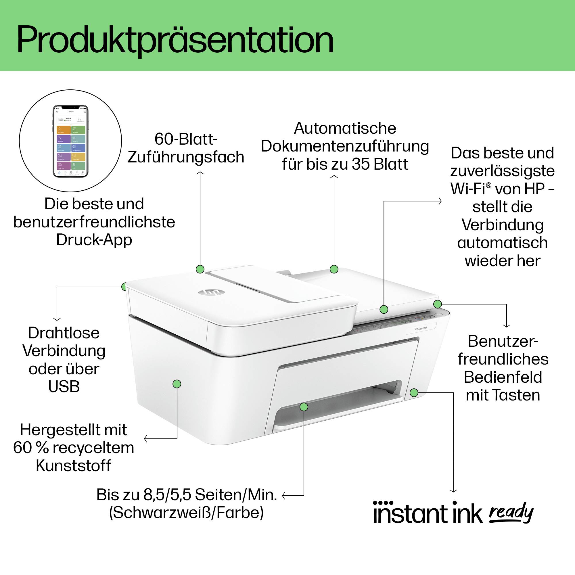Ein Multifunktionsdrucker mit 60-Blatt-Fach und automatischer Dokumentenzuführung. Unterstützt kabelloses Drucken und Wi-Fi.