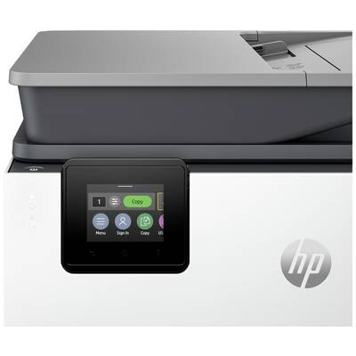 Ein Drucker mit Touchscreen-Display, das Optionen für Kopieren, Menü, Anmelden, Zurück und USB anzeigt.
