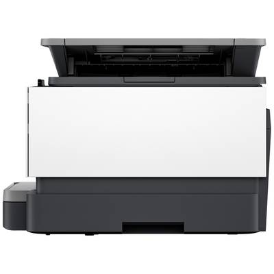 Ein moderner Drucker mit geschlossenem Papierfach, seitliche Ansicht. Gerät in Schwarz und Weiß.