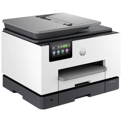 Ein moderner Multifunktionsdrucker mit Touchscreen-Display zeigt das HP-Logo. Der Drucker hat Papierzufuhr oben und Ausgabefach unten.