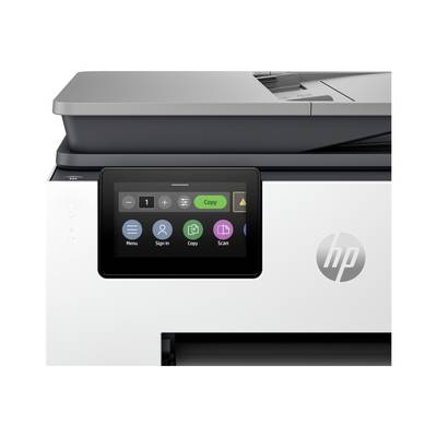 Ein moderner Drucker mit einem Touchscreen-Bedienfeld, das Optionen wie 'Kopieren', 'Scannen' und 'Menü' anzeigt.