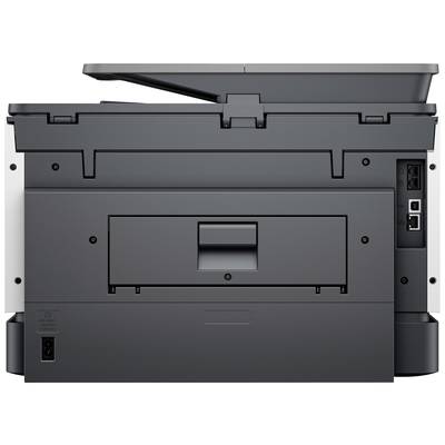 Multifunktionsdrucker von hinten, mit offenem Papiereinzug, sichtbare Anschlüsse für Strom- und Datenkabel. Ideal für Bürogebrauch.