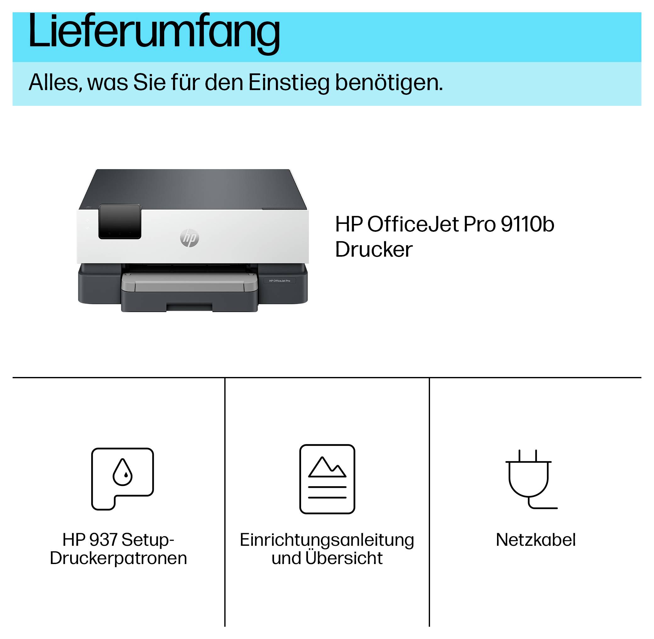 Inhalt der HP OfficeJet Pro 9110b Druckerbox: Drucker, HP 937 Setup-Tintenpatronen, Installationsanleitung und Übersicht sowie Stromkabel.