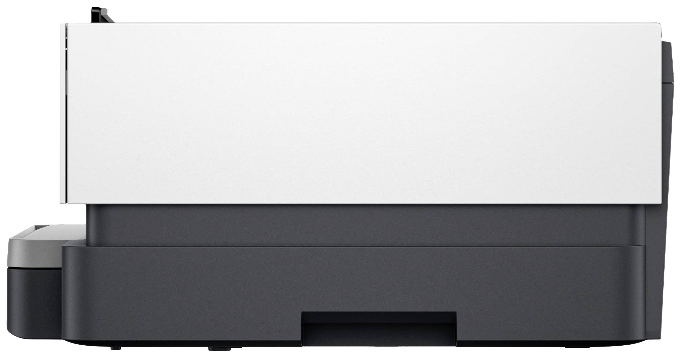 Ein grauer Drucker mit modernem, rechteckigem Design, seitlich von links fotografiert; keine sichtbaren Logos oder Marken.