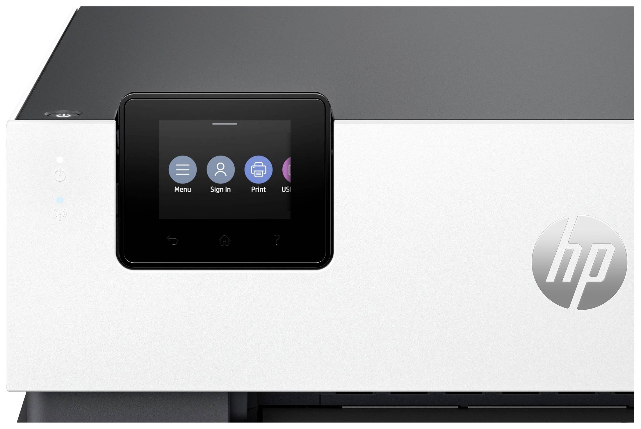 Ein Drucker mit digitalem Display, zeigt Symbole für Menü, Sign-In, und Drucken. Herstellerlogo rechts.