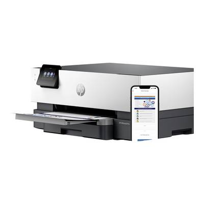 Drucker mit Smartphone zeigt kabelloses Drucken; Display zeigt Optionen. Drucker führt Farbdokument aus. Moderne Büroeinrichtung.