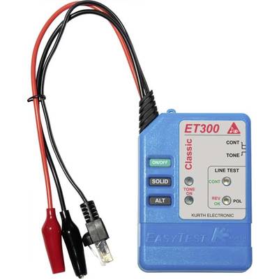 Blaues Prüfgerät 'ET300 Classic' mit Tasten und Kabeln. Hauptschalter, Modusleuchten, Testkabel und Mehrfachanschlüsse sichtbar. Geeignet für Leitungsprüfung.
