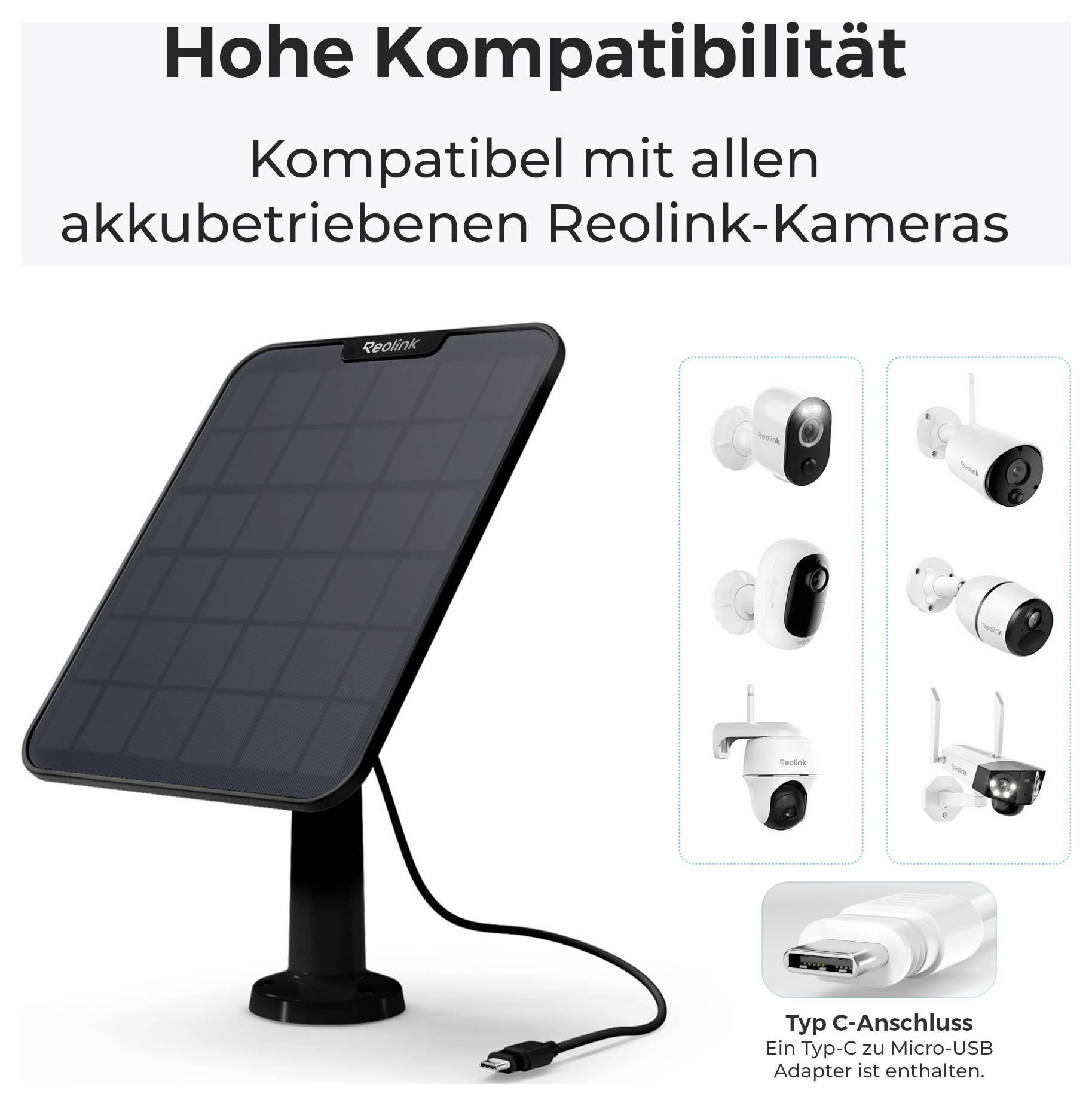 Solarmodul für Reolink-Kameras, zeigt Kompatibilität mit verschiedenen Modellen. USB-Typ-C-Anschluss adapter enthalten.