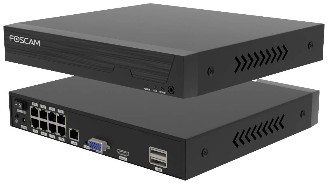 Zwei schwarze Netzwerkrekorder von Foscam, einer zeigt die Vorderseite mit Logo und LEDs, der andere die Rückseite mit diversen Anschlüssen.