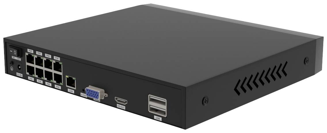 Ein schwarzer Netzwerk-Switch mit acht Ethernet-Ports an der Vorderseite, einem VGA-Anschluss und zwei USB-Ports an der Seite.