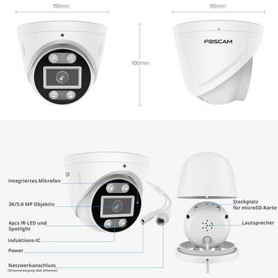 'Überwachungskamera mit 3K/5.0 MP Objektiv, 4 Infrarot-LEDs und integriertem Mikrofon. Maße: Durchmesser 110 mm, Höhe 100 mm.'