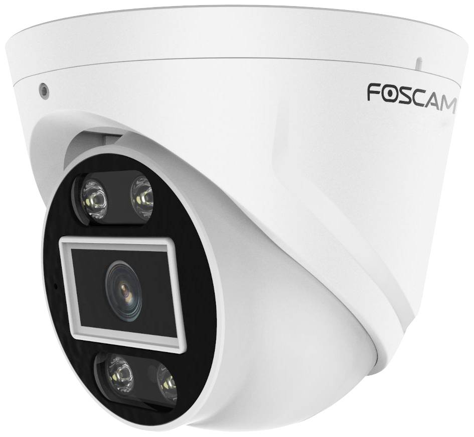 Überwachungskamera von Foscam, weißes Gehäuse, seitlich montiert, zeigt Kameraobjektiv und Infrarot-LEDs für Nachtaufnahmen.