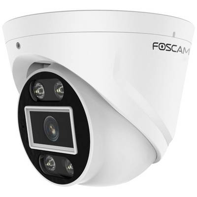 Überwachungskamera von Foscam, weißes Gehäuse, seitlich montiert, zeigt Kameraobjektiv und Infrarot-LEDs für Nachtaufnahmen.