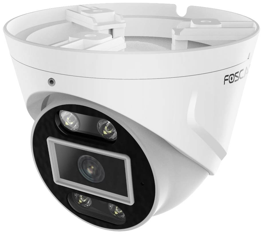 Überwachungskamera mit zwei LED-Lichtern und einem zentralen Objektiv, montiert in einem weißen Gehäuse.