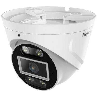 Überwachungskamera mit zwei LED-Lichtern und einem zentralen Objektiv, montiert in einem weißen Gehäuse.