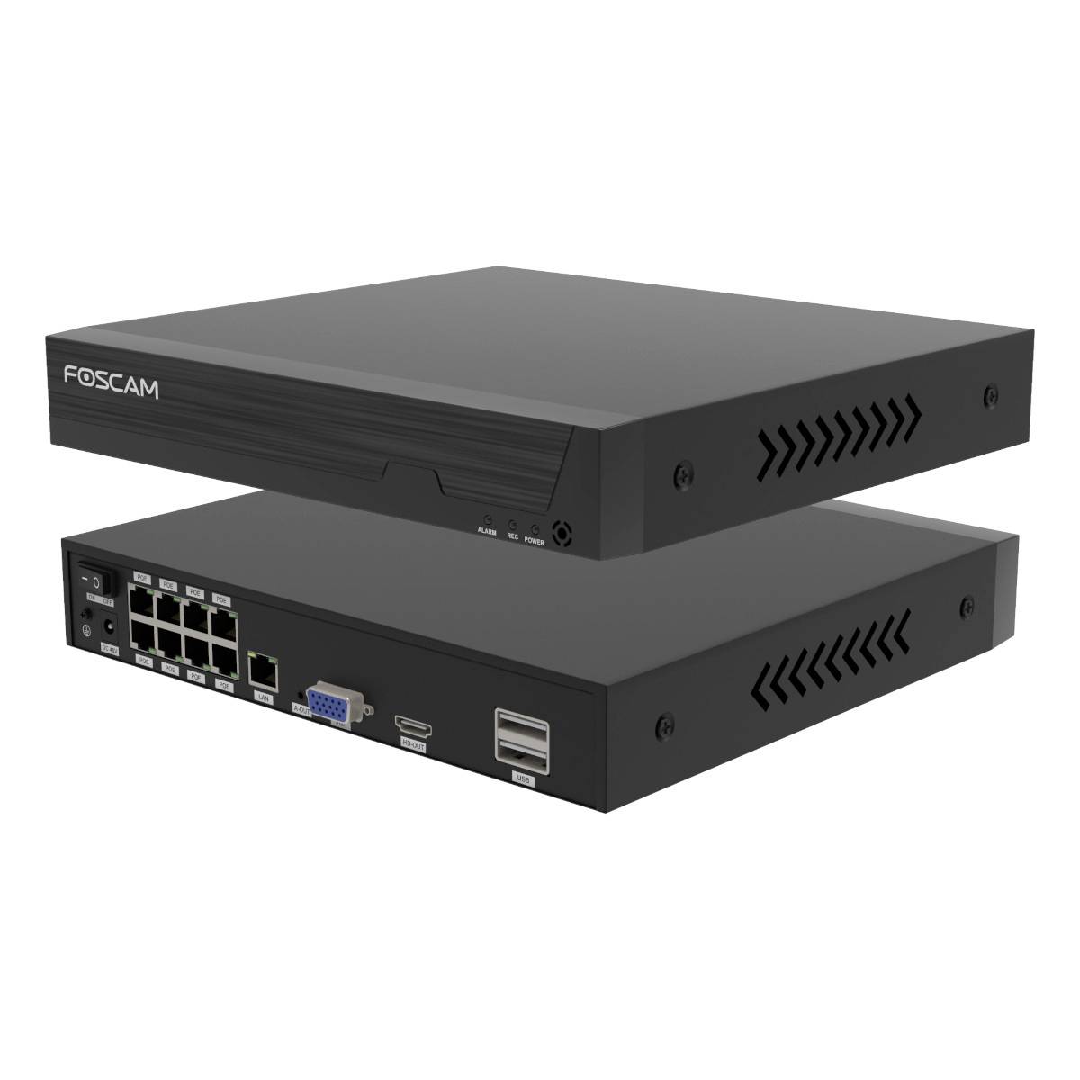 Ein schwarzer Netzwerkvideorekorder mit mehreren Ethernet-Anschlüssen, VGA-Ausgang und USB-Ports, von der Marke Foscam.