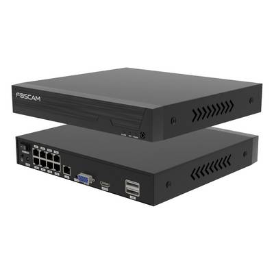 Ein schwarzer Netzwerkvideorekorder mit mehreren Ethernet-Anschlüssen, VGA-Ausgang und USB-Ports, von der Marke Foscam.