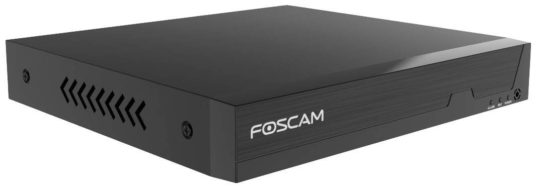 Schwarzer Foscam Digitalrekorder mit Lüftungsschlitzen an der Seite und beleuchtetem Logo an der Vorderseite. Verwendet zur Videoüberwachung.