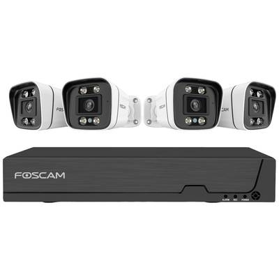 Vier Überwachungskameras und ein Foscam-Recorder. Hauptkomponenten eines Sicherheitskamerasets, ideal für Heimüberwachung.