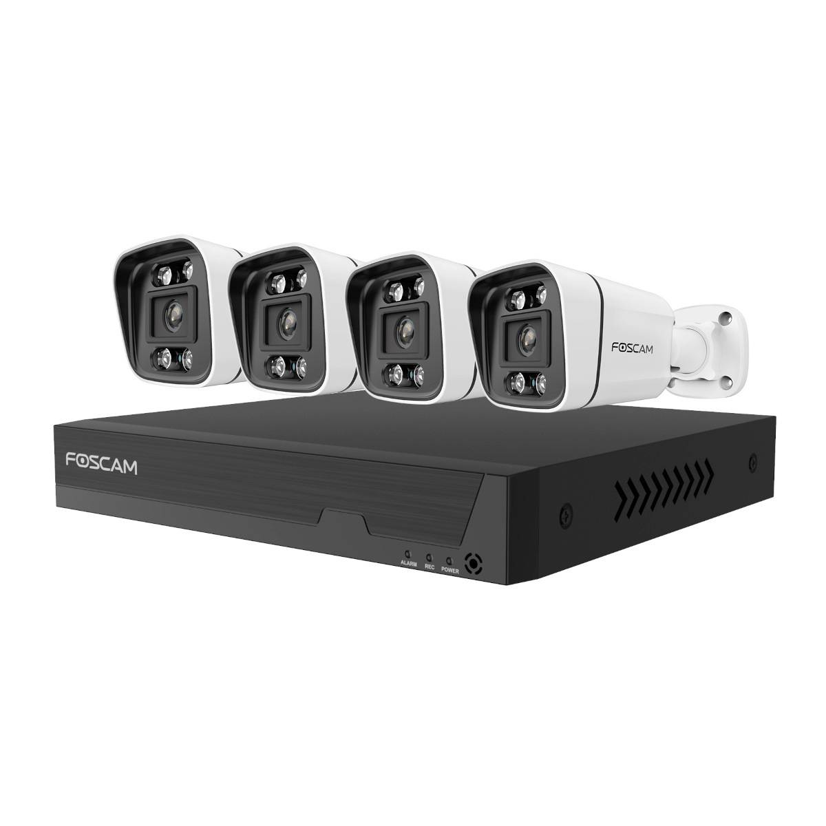 Ein Überwachungssystem besteht aus vier Überwachungskameras und einem Rekorder. Die Kameras stehen nebeneinander auf einer Seite des Rekorders.