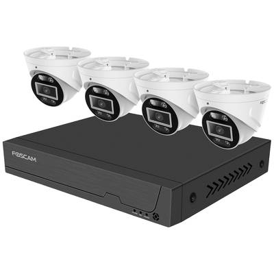 Vier weiße Überwachungskameras und ein schwarzer digitaler Videorekorder (DVR) von Foscam sind zu sehen.