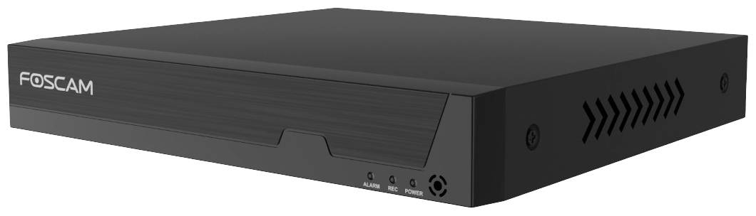 Schwarzer Netzwerk-Videorekorder mit seitlichen Lüftungsschlitzen, Kontrollleuchten vorne.