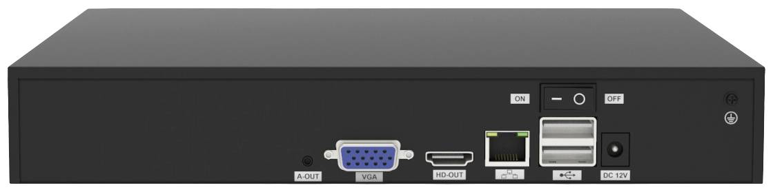 Ein schwarzer Netzwerkrekorder mit Anschlüssen: VGA, HDMI, USB, Ethernet und Stromanschluss. Oben sind Tasten für Ein/Aus.