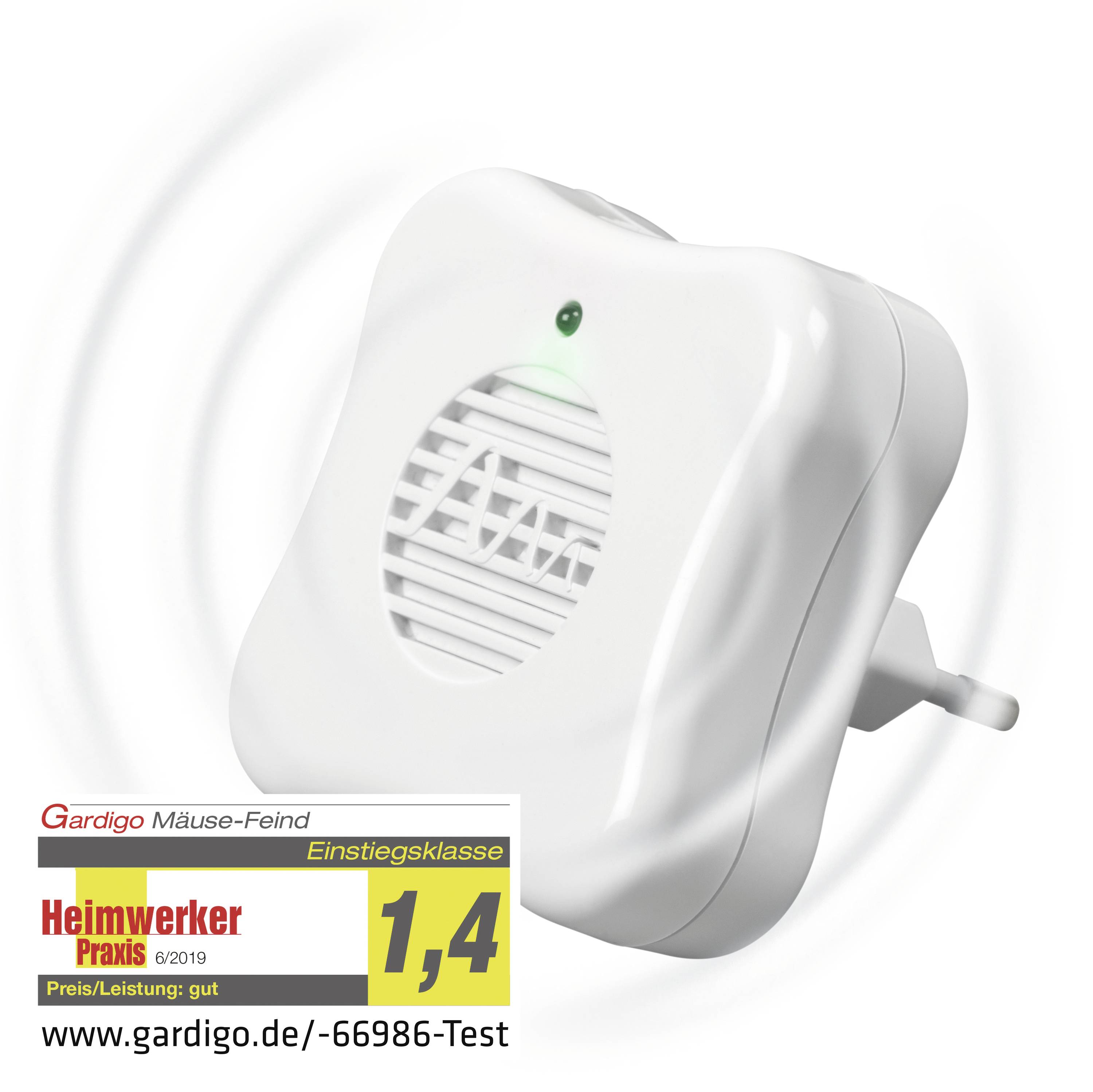 'Gardigo Mäuse-Feind', ein weißer Steckdosen-Ultraschall-Schädlingsbekämpfer mit Preis/Leistung Note 1,4 in 'Heimwerker Praxis'.