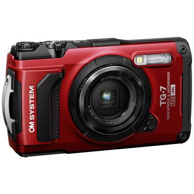 Rote Digitalkamera mit robustem Gehäuse, Objektiv und Blitz. Markiert als wasserdicht und stoßfest, geeignet für Outdoor-Aufnahmen.