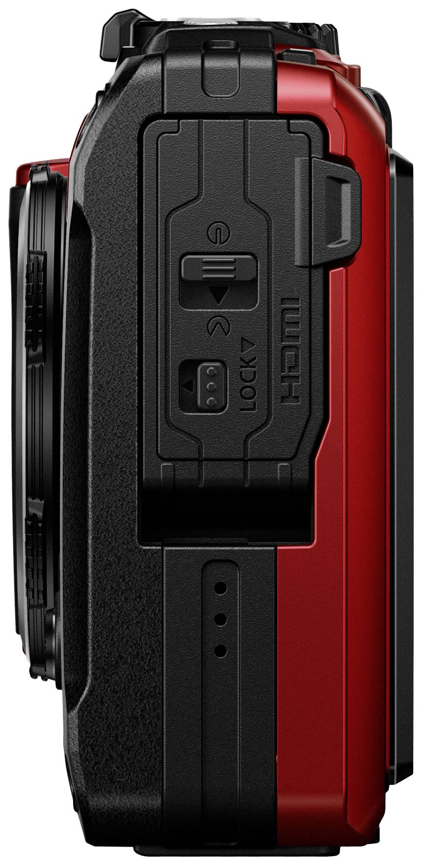 Rote und schwarze Kameraansicht von der Seite mit HDMI- und USB-Anschlüssen.