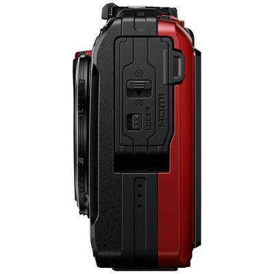 Rote und schwarze Kameraansicht von der Seite mit HDMI- und USB-Anschlüssen.