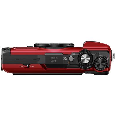 Eine rote Digitalkamera mit GPS und WLAN-Funktion, Draufsicht, zeigt Tasten für Ein/Aus und Moduswahl. Links Schalter für An/Aus und Log.