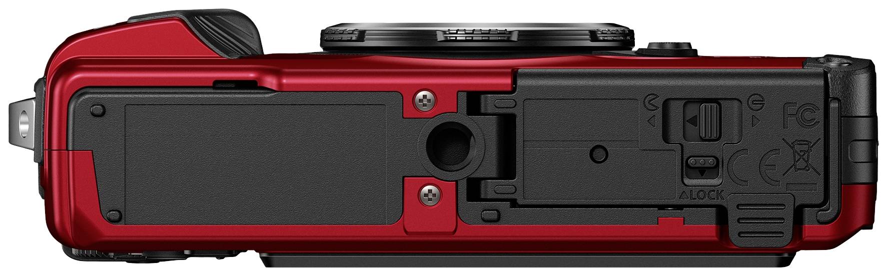 Rückansicht einer roten Digital-Kamera mit Batterie- und Speicherkartenfach. Einige Symbole und technische Details sind sichtbar.