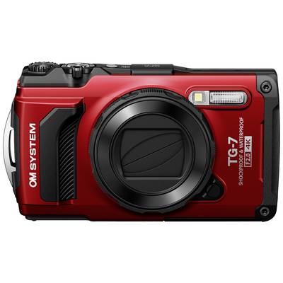 Rot-schwarze digitale Kamera, staub- und stoßfest, mit 4K-Aufnahmefunktion, Schriftzug 'OM SYSTEM' und 'TG-7'.