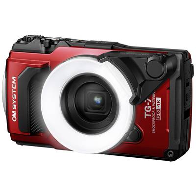 Rote Digitalkamera mit robustem Gehäuse und aufgesetztem Ringlicht. Sie ist stoßfest und wasserfest, geeignet für Abenteuerfotografie.