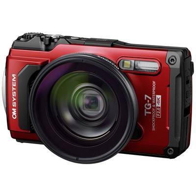 Eine rote, stoßfeste und wasserfeste Digitalkamera mit großem Objektiv, geeignet für 4K-Aufnahmen.