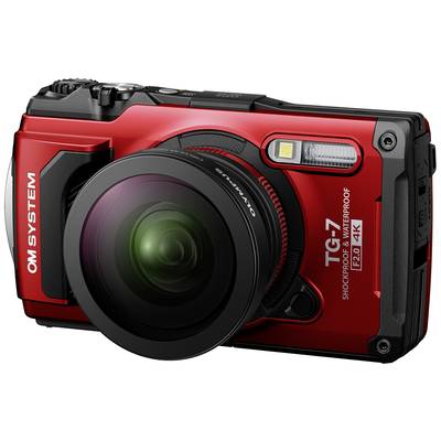 Digitalkamera in Rot, robustes Design. Aufschrift: 'OM SYSTEM TG-7, wasserdicht, stoßfest, F2.0, 4K'.