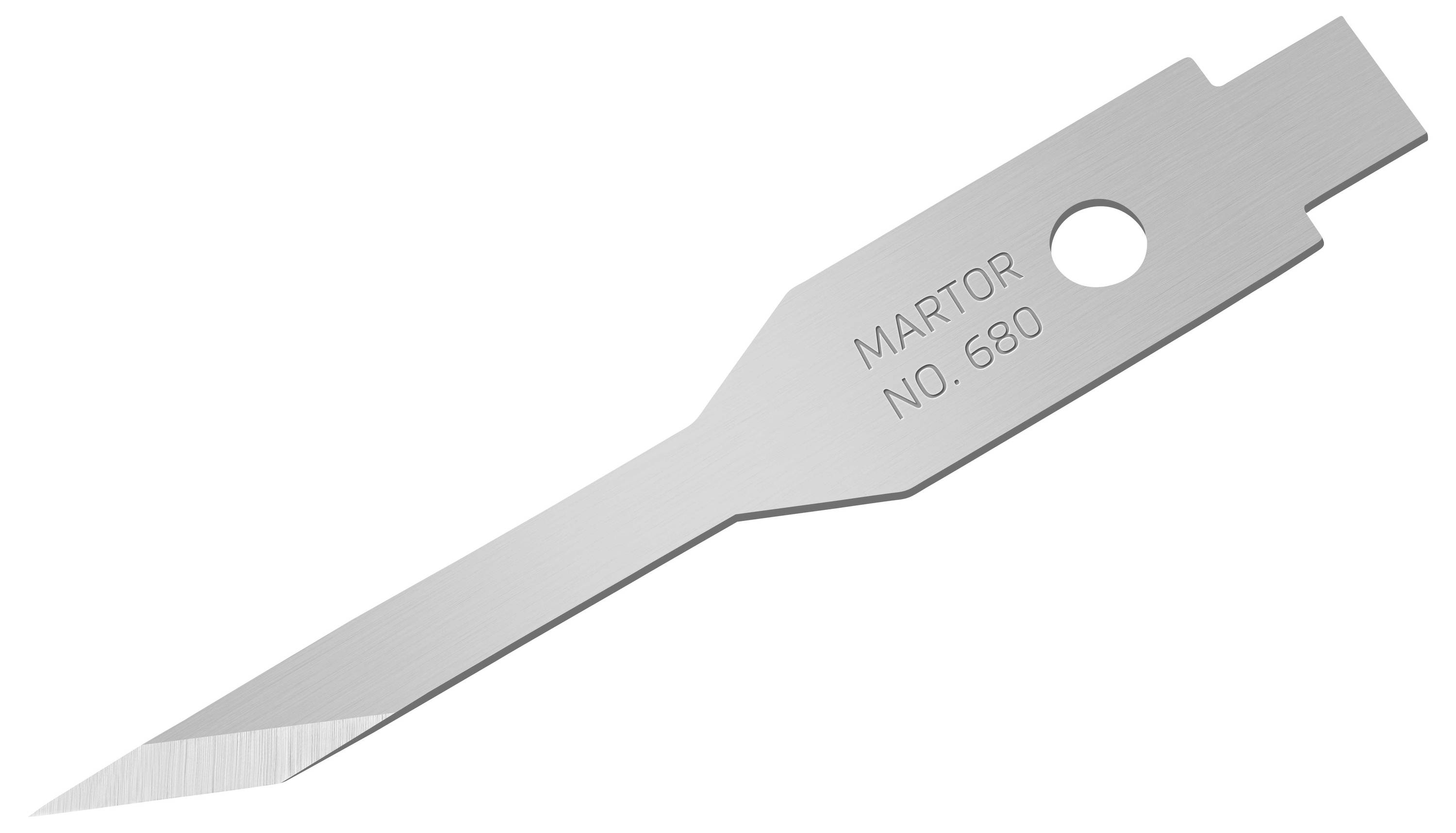 Ein silbernes Klingenmesser mit der Aufschrift 'MARTOR NO. 680' auf der Klinge, geschärfte Spitze, rechteckige Befestigung.