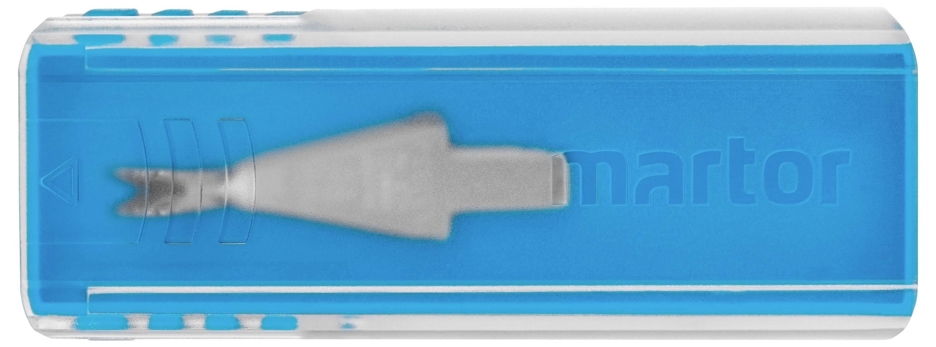 Ein blaues Kunststoffgehäuse enthält eine silberne Klinge. Es handelt sich um ein Sicherheitsmesser, erkennbar am typischen Klingenschutz.