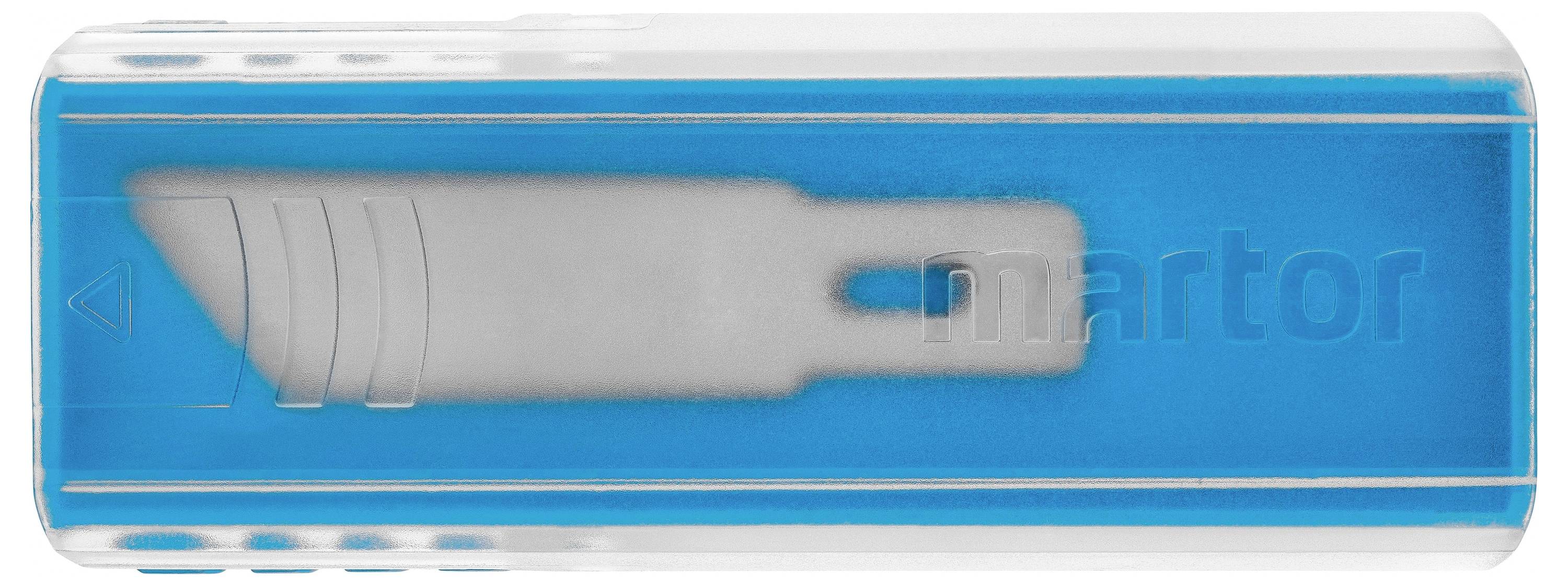 Ein Einweg-Klingenspender mit blauer Hülle und einer sichtbaren silbernen Klinge im Inneren.