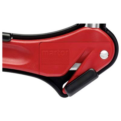 Ein rotes Sicherheitsmesser mit ergonomischem Griff und schwarzer Klinge ist auf einem weißen Hintergrund abgebildet.
